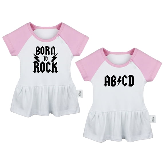 Pack of 2, AB CD & Born To Rock Funny Dresses For Baby, Newborn Babies Skirts, Infant Princess Dress, Toddler Frocks (Pink Raglan Dresses, 0-6 Months)