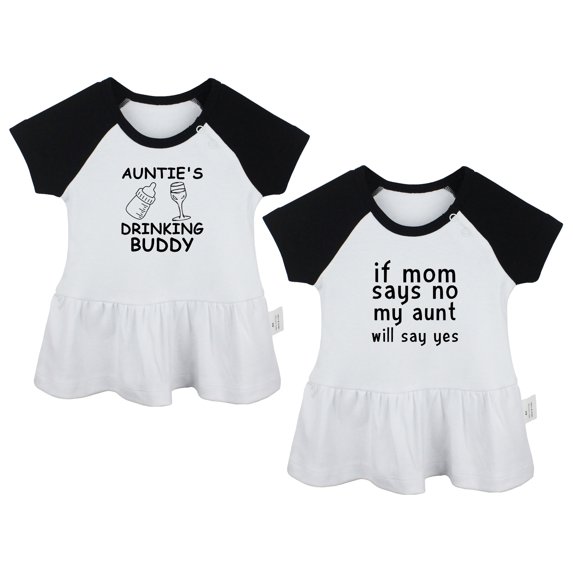 Pack of 2, Auntie's Drinking Buddy & If Mom Says No My Aunt Will Say Yes Funny Dresses For Baby, Newborn Babies Skirts, Infant Princess Dress, Toddler Frocks (Black Raglan Dresses, 0-6 Months)
