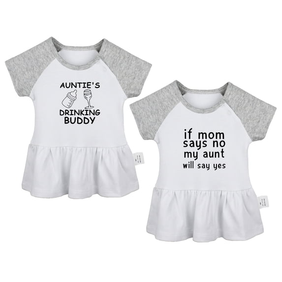 Pack of 2, Auntie's Drinking Buddy & If Mom Says No My Aunt Will Say Yes Funny Dresses For Baby, Newborn Babies Skirts, Infant Princess Dress, Toddler Frocks (Gray Raglan Dresses, 12-18 Months)
