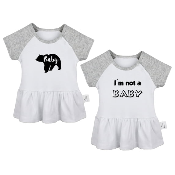 Pack of 2, Baby Bear & I'm Not A Baby Funny Dresses For Baby, Newborn Babies Skirts, Infant Princess Dress, Toddler Frocks (Gray Raglan Dresses, 0-6 Months)