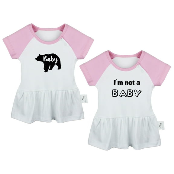 Pack of 2, Baby Bear & I'm Not A Baby Funny Dresses For Baby, Newborn Babies Skirts, Infant Princess Dress, Toddler Frocks (Pink Raglan Dresses, 12-18 Months)