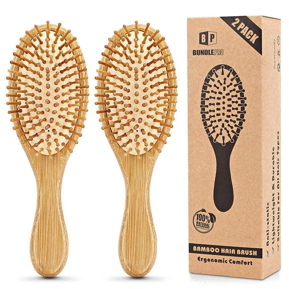 Pack of 2 Bamboo Hair Brushes, Natural Eco-friendly Hair Brush with Bamboo Bristles, Massages Scalp Anti-Static Hair Detangle for All Types, Lightweight (Oval)