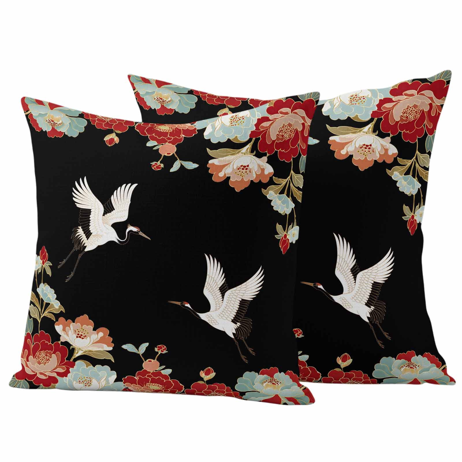 Pack of 2 Black Crane Outdoor Pillow Covers Decorative, Waterproof Pillow Protector, Vintage Red Teal Spring Floral Botanical Throw Pillowcases Accent Cushion Cases for Patio Couch Sofa 18"x18"