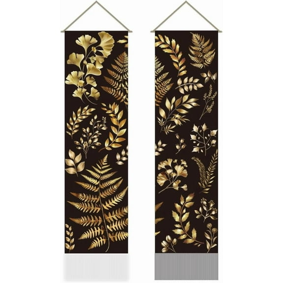 Pack of 2 Black Gold Botanical Tapestry Boho Leaves Modern Plant Vertical Long Aesthetic Tapestry Doorway Curtain Tassel Wall Hanging for Bedroom Living Room 13 x 51 Inch