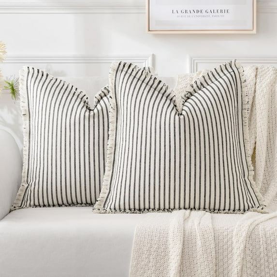 Pack of 2 Black Pillow Covers 22x22 Inch Striped Farmhouse Couch Throw Pillow Covers with Fringe Chic Linen Decorative Cushion Covers for Sofa Living Room Bed Outdoor Home Decor