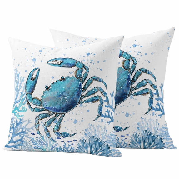 Pack of 2 Blue Coastal Crab Outdoor Pillow Covers Decorative, Waterproof Pillow Protector, Summer Ocean Coral Sea Fish Abstract Throw Pillowcases Accent Cushion Cases for Patio Couch Sofa 16"x16"