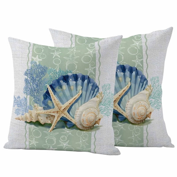 Pack of 2 Blue Coastal Starfish Outdoor Pillow Covers Decorative, Waterproof Pillow Protector, Grey Sage Green Nautical Coral Summer Throw Pillowcases Accent Cushion Cases for Patio Couch 16"x16"