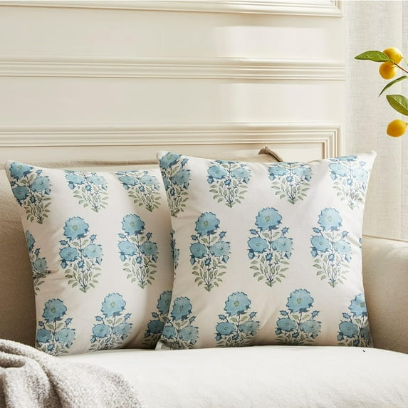 Pack of 2, Blue Floral Pillow Cover 16 x 16 Inch Mughal Flower Throw Pillow Cover Linen Farmhouse Pillow Case Cushion Covers for Sofa Couch Living Room