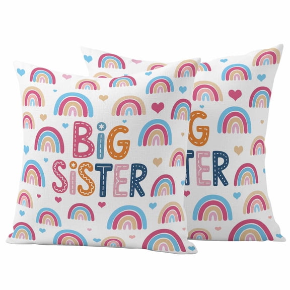 Pack of 2 Boho Colorful Rainbow Outdoor Pillow Covers Decorative, Waterproof Pillow Protector, Cartons Rainbows BIG SISTER Text Throw Pillowcases Accent Cushion Cases for Patio Couch Sofa 16"x16"