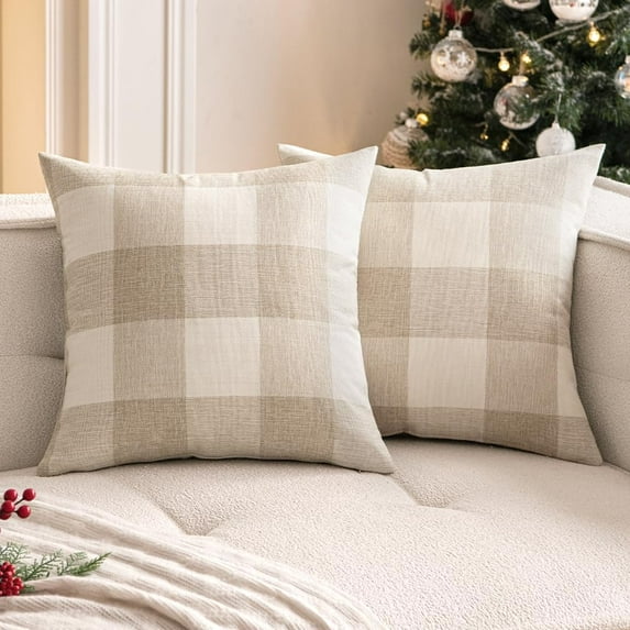 Pack of 2 Buffalo Check Throw Pillow Covers Plaids Farmhouse Throw Pillows Linen Soft Decorative Couch Pillow Covers Home Decor Cushion Case for Sofa Bedroom 20x20 Inch Cream White