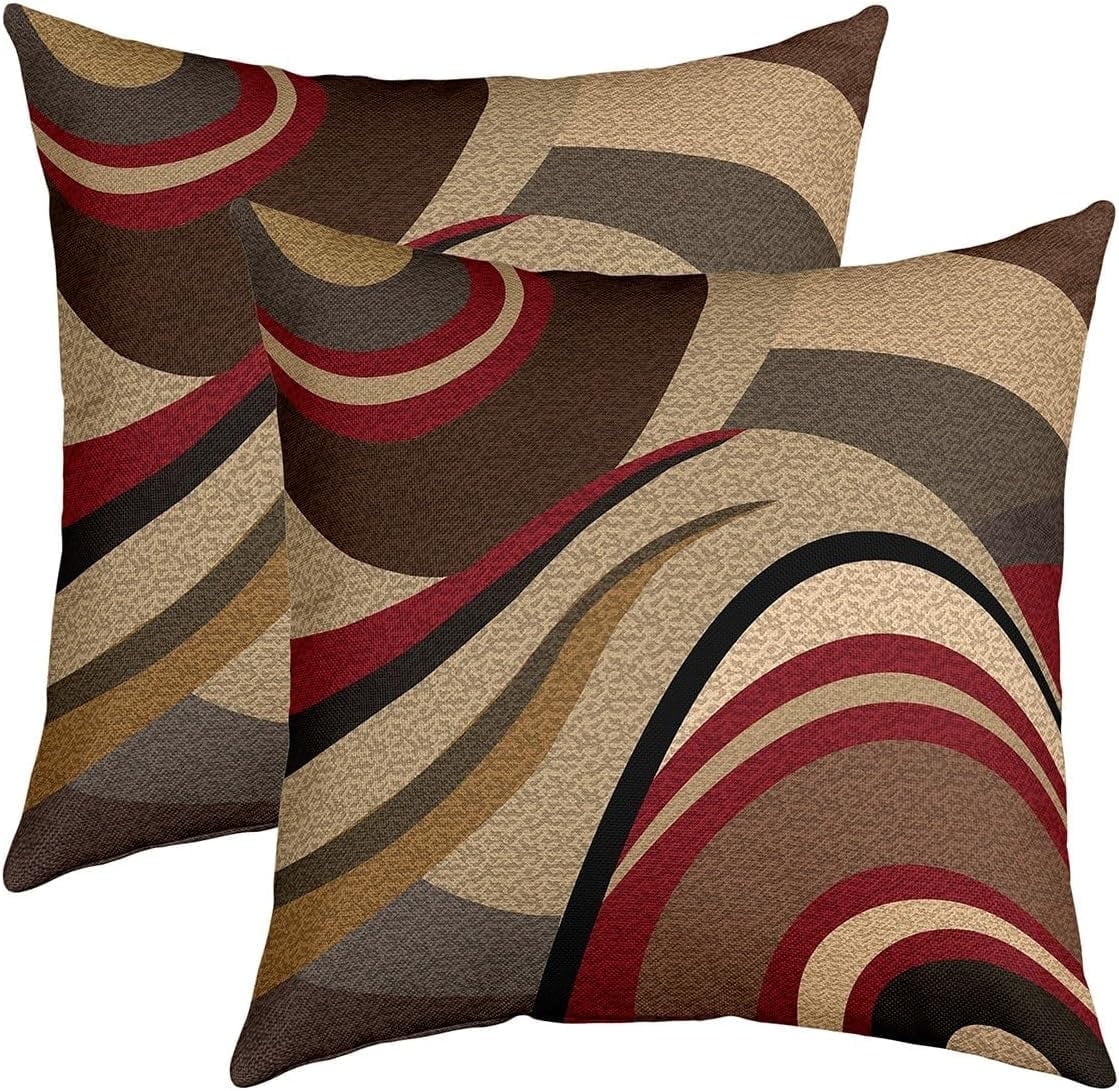 Pack of 2 Burgundy Red Outdoor Throw Pillow Covers Geometric Square Cushion Case Set Stripe Brown Grey Decor Throw Porch Pillows Cases for Couch Sofa Living Room Modern Art Pillowcases 18x18 Inches