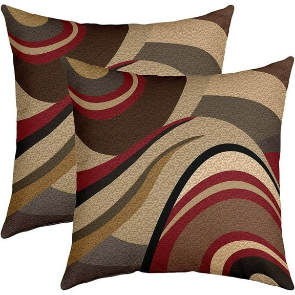 Pack of 2 Burgundy Red Outdoor Throw Pillow Covers, Geometric Square Cushion Case Set Stripe Brown Grey Decor Throw Porch Pillows Cases for Couch Sofa Living Room Modern Art Pillowcases, 22x22 Inches