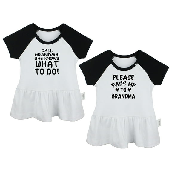 Pack of 2, Call Grandma She Knows What to Do & Please Pass Me to Grandma Funny Dresses For Baby, Newborn Babies Skirts, Infant Princess Dress, Toddler Frocks (Black Raglan Dresses, 0-6 Months)