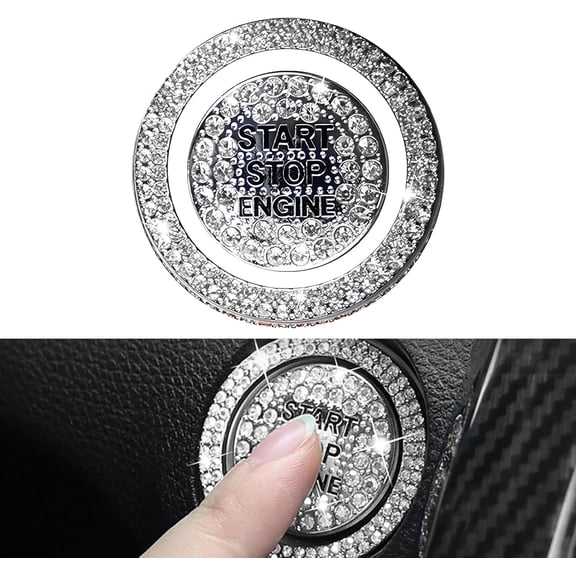 Pack-2 Car Bling Crystal Rhinestone Engine Start Button Decals, Push Start Button Cover Sticker, Cute Bling Car Accessories, Sparkling Car Interior Accessories for Women (White)