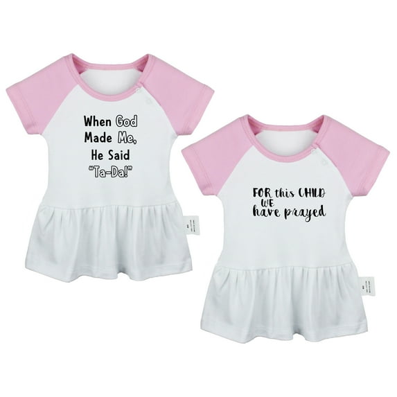 Pack of 2, For This Child We Have Prayed & When God Made Me He Said Ta-da Funny Dresses For Baby, Newborn Babies Skirts, Infant Princess Dress, Toddler Frocks (Pink Raglan Dresses, 12-18 Months)