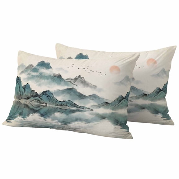 Pack of 2 Chinese Ink Mountain Outdoor Pillow Covers Decorative, Waterproof Pillow Protector, Abstract Art Lake Landscape Lumbar Throw Pillowcases for Patio Couch Sofa Home Decor 20"x12"