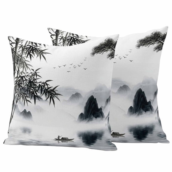 Pack of 2 Chinese Ink Outdoor Pillow Covers Decorative, Waterproof Pillow Protector, Art Painting Mountain Lake Landscape Throw Pillowcases Accent Cushion Cases for Patio Couch Sofa 16"x16"
