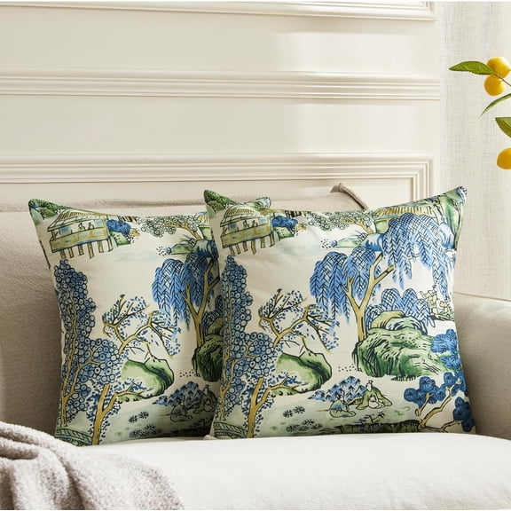 Pack of 2, Chinoiserie Pillow Cover 20 x 20 Inch Asian Scenic Blue and Green Throw Pillow Covers Linen Farmhouse Tree Pillow Case Cushion Covers for Sofa Couch Living Room