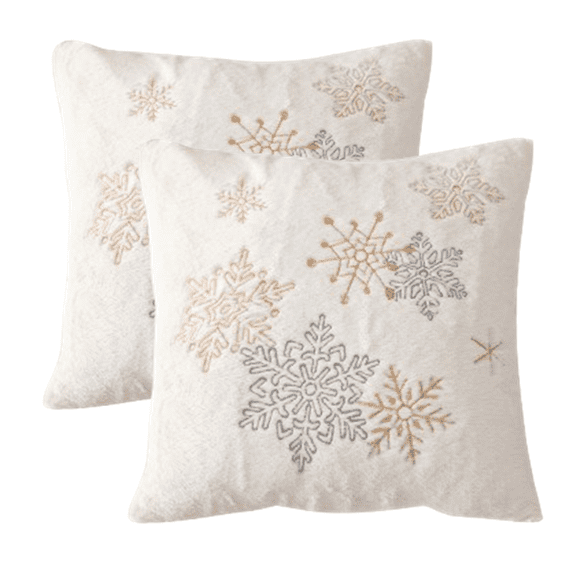 Pack of 2 Christmas Decorative Throw Pillow Covers Soft Faux Fur Pillow Cases with Embroidery Snowflake Winter Cute Pillowcases Holiday Decor for Couch Sofa Bedroom, 18x18