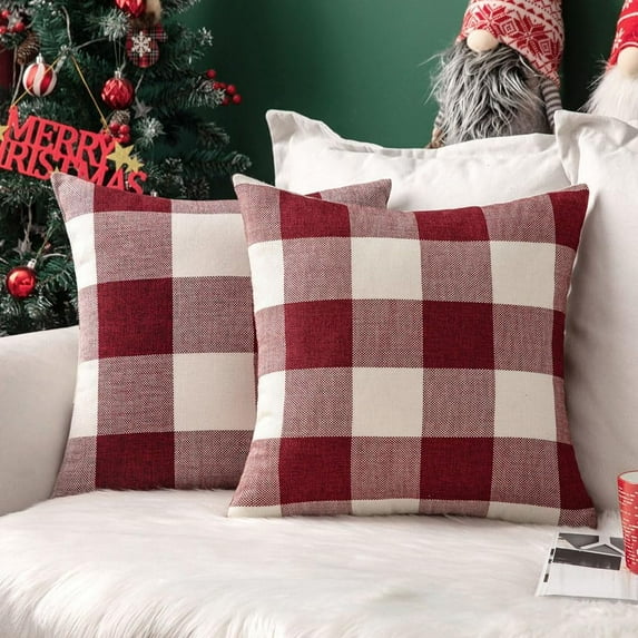 Pack of 2 Christmas Farmhouse Checkers Buffalo Plaids Polyester Linen Soft Solid White and Red Decorative Throw Pillow Covers Home Decor Cushion Case for Sofa Bedroom 16 x 16 Inch