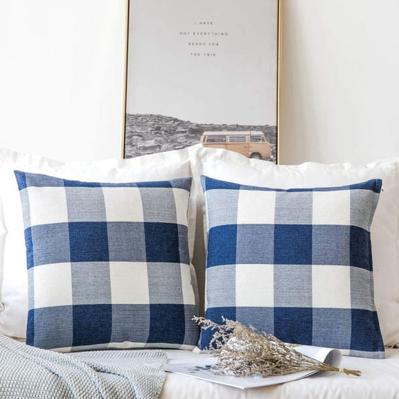 Pack of 2 Classic Farmhouse Buffalo Check Plaids Polyester Linen Soft Solid Dark Blue and White Decorative Throw Pillow Covers Home Decor Outdoor Cushion Case for Sofa Bedroom 16 x 16 Inch