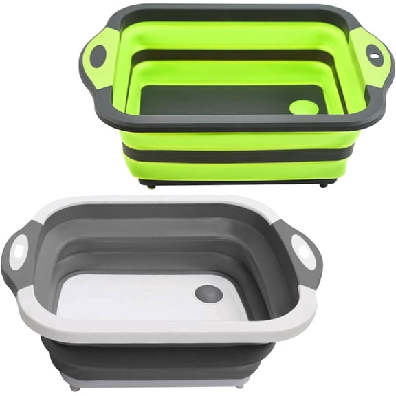 Pack of 2 Collapsible Cutting Board  Multifunctional Kitchen Sink Tub Basin with Drain, Chopping & Washing up Bowl Space-Saving Portable for Kitchen, Camping, RV, Outdoor Use