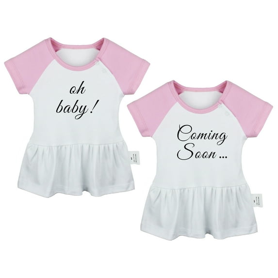 Pack of 2, Coming Soon & Oh Baby Pregnancy Announcement Dresses For Baby, Newborn Babies Skirts, Infant Princess Dress, Toddler Frocks (Pink Raglan Dresses, 0-6 Months)