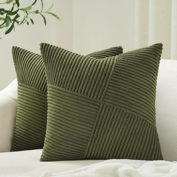 Olive Green Decorative Throw Pillow Covers Set of 2 18x18 Inches for Couch Bed Sofa, Boho Aesthetic Home Decor, Soft Corduroy Striped Patchwork Windmill Textured Cushion Cases 45x45 cm