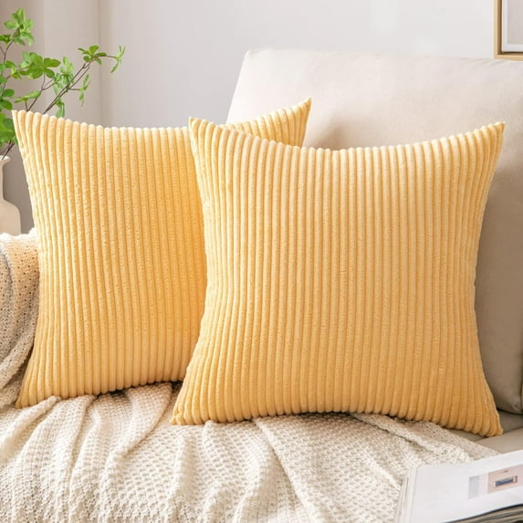 Pack of 2 Corduroy Throw Pillow Covers 24x24 Inch - Striped Decorative Pillow Covers for Living Room, Bed - Soft Square Couch Pillow Covers for Sofa Bedroom Car,Bright Yellow