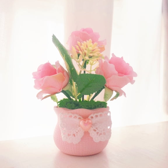 Pack of 2,Creative 12cm/4.7inches Height 3 Heads Pink Rose Artifical Flower+Pot with White Bow for Wedding,Party, Car, Home Decoration,Gifts,Ornament
