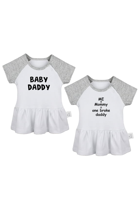 Pack of 2, Daddy Baby Announcement & Me + Mommy = One Broke Daddy Funny Dresses For Baby, Newborn Babies Skirts, Infant Princess Dress, Toddler Frocks (Gray Raglan Dresses, 0-6 Months)