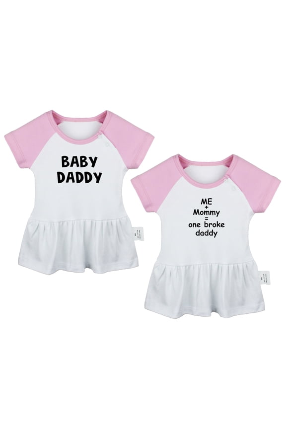 Pack of 2, Daddy Baby Announcement & Me + Mommy = One Broke Daddy Funny Dresses For Baby, Newborn Babies Skirts, Infant Princess Dress, Toddler Frocks (Pink Raglan Dresses, 0-6 Months)