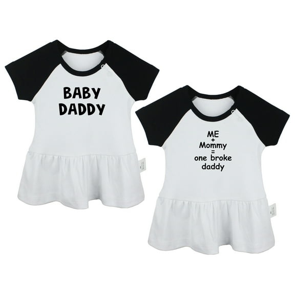 Pack of 2, Daddy Baby Announcement & Me + Mommy = One Broke Daddy Funny Dresses For Baby, Newborn Babies Skirts, Infant Princess Dress, Toddler Frocks (Black Raglan Dresses, 0-6 Months)