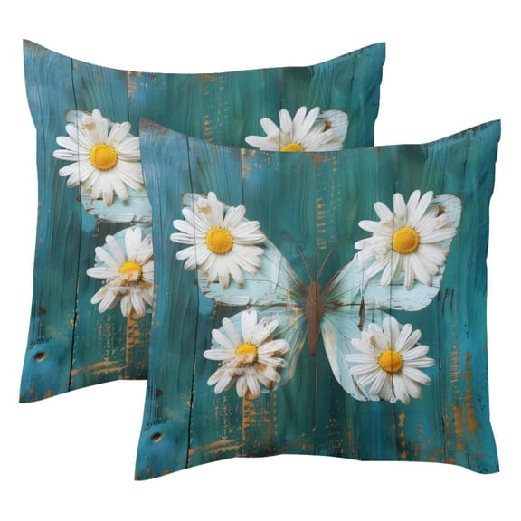 Pack of 2 Daisy Flower Butterfly Teal Wooden Throw Pillow Covers 20x20 Inch, Square Farmhouse Pillowcase, Velvet Cushion Case for Sofa Bedroom Home Decor