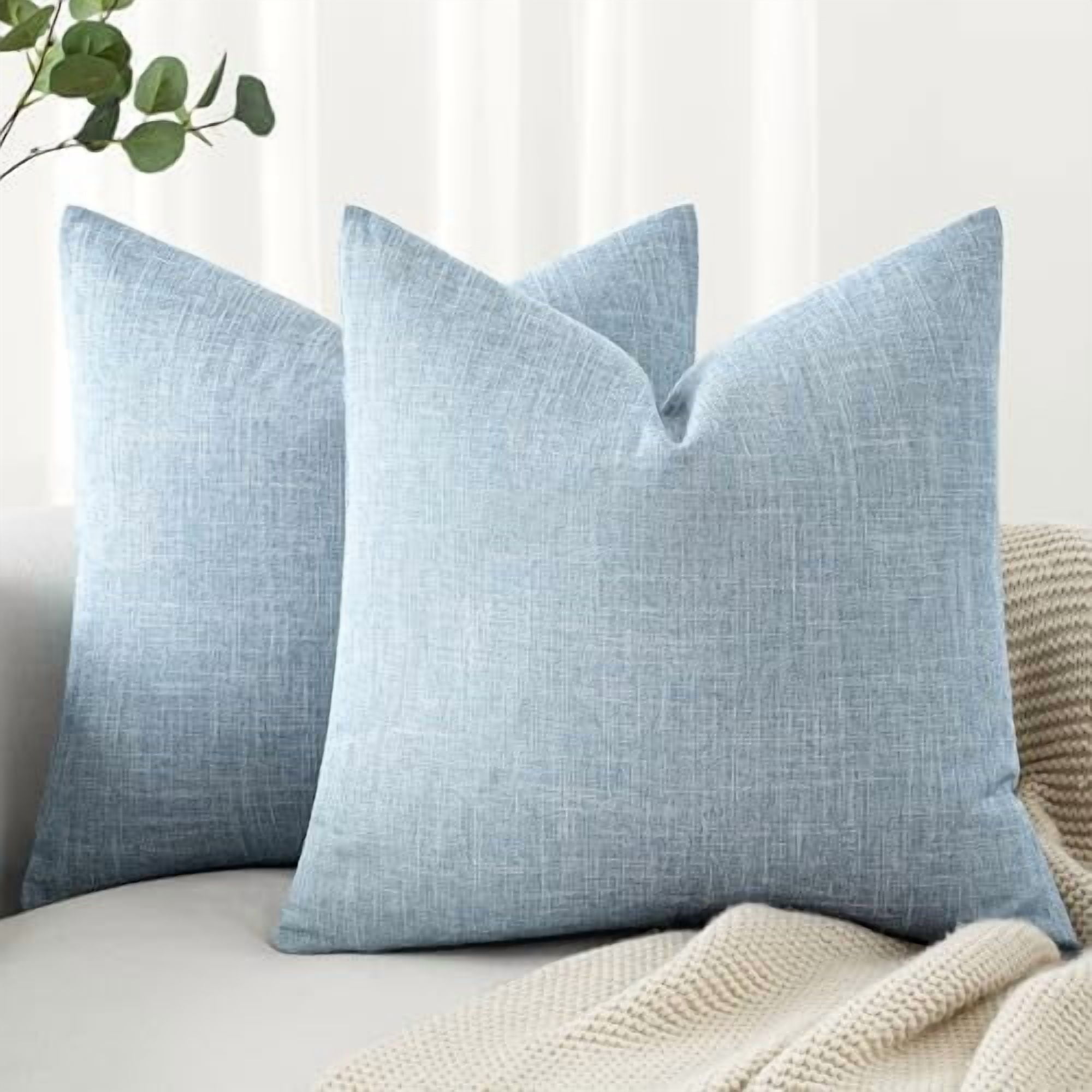 Pack of 2 Decorative Linen Burlap Textured Pillow Covers Farmhouse Boho Accent Pillowcases Spring Coastal Home Decor for Couch Sofa Bedroom Living Room 18x18 Inch Light Blue