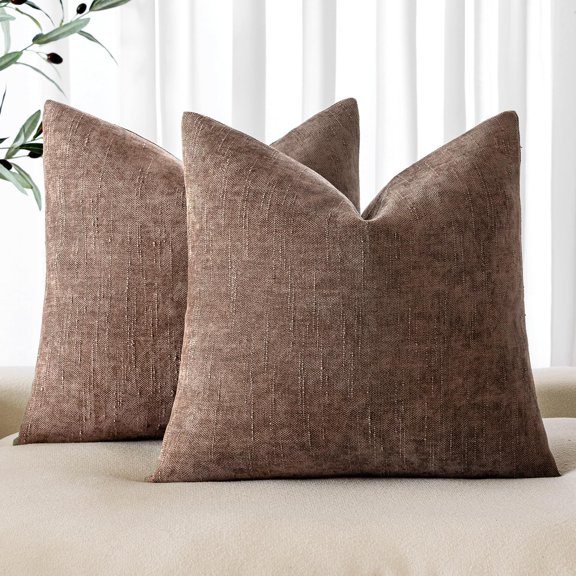 Pack of 2 Decorative Throw Pillow Covers Soft Chenille Euro Throw Pillows Solid Textured Cushion Covers for Couch Sofa Bedroom Living Room 24x24 Inch, Chocolate