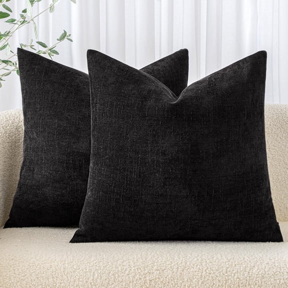 Pack of 2 Decorative Throw Pillow Covers Soft Chenille Throw Pillows Solid Neutral Farmhouse Textured Cushion Covers for Couch Sofa Bedroom Living Room 20x20 Inch, Black