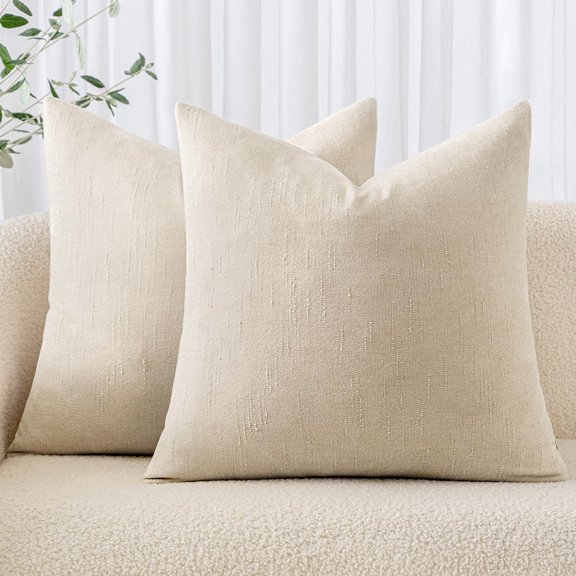 Pack of 2 Decorative Throw Pillow Covers Soft Chenille Throw Pillows Solid Textured Cushion Covers Christmas Home Decor for Couch Sofa Bedroom Living Room 20x20 Inch, Light Beige