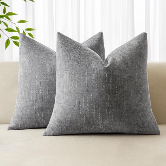 Pack of 2 Decorative Throw Pillow Covers Soft Chenille Throw Pillows Solid Textured Cushion Covers for Couch Sofa Bedroom Living Room 18x18 Inch, Light Grey