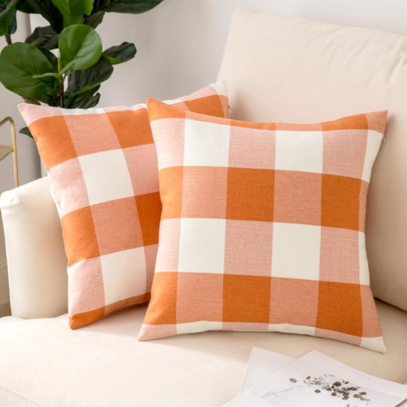 Pack of 2 Fall Buffalo Check Throw Pillow Covers Plaids Farmhouse Throw Pillows Linen Soft Decorative Couch Pillow Covers Home Decor Cushion Case for Sofa Bedroom 20x20 Inch Orange and White