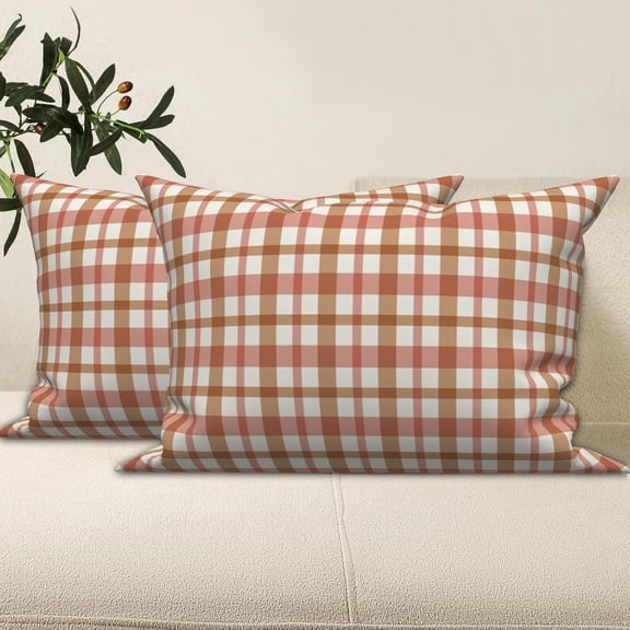 Pack of 2 Fall Terracotta Cream Plaid Rectangle Throw Pillow Covers 12x20 Double-Sided Neutral Tartan Pattern Lumbar Pillowcases for Indoor Home Decor