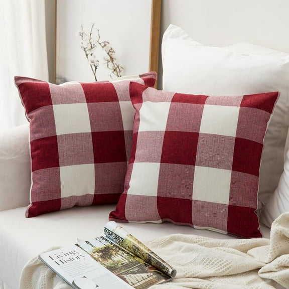 Pack of 2 Farmhouse Decor Christmas Pillow Covers, 18 x 18 Buffalo Checked Plaids Fall Throw Pillow Covers, Cushion Covers for Sofa Couch Outdoor Camping
