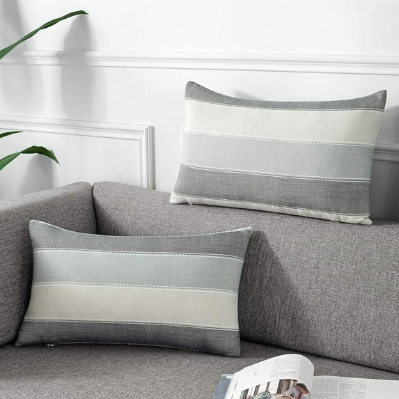 Pack of 2 Farmhouse Stripe Check Throw Pillow Covers Set Case Cotton Linen Decorative Pillowcases Cushion Cover for Couch Bench Sofa 12x20Inch Dark Grey Beige