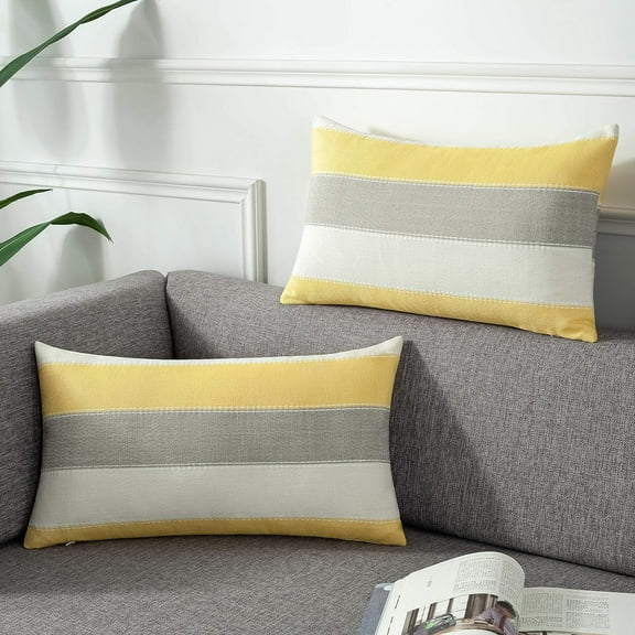 Pack of 2 Farmhouse Stripe Check Throw Pillow Covers Set Case Cotton Linen Decorative Pillowcases Cushion Cover for Couch Bench Sofa 12x20Inch Yellow Beige