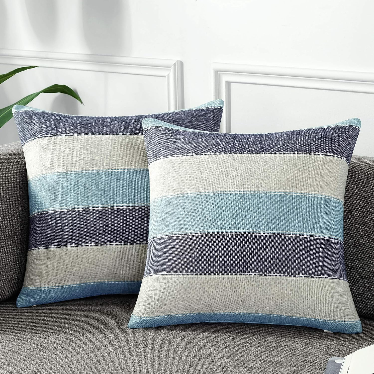 Set of 2 Teal and Beige Cotton Linen Striped Pillow Covers 18x18 Inch