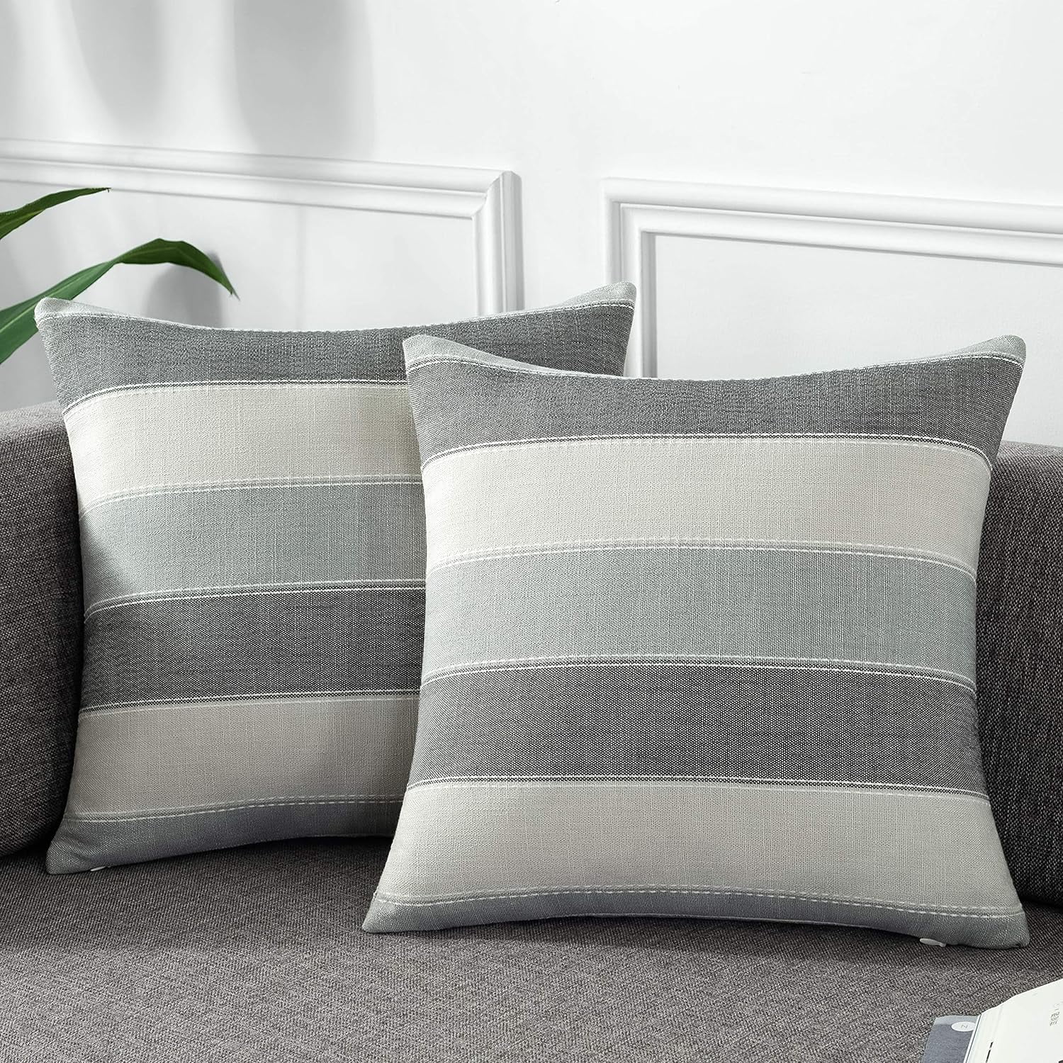 Farmhouse Dark Gray Beige Cotton Linen Euro Pillow Covers Set