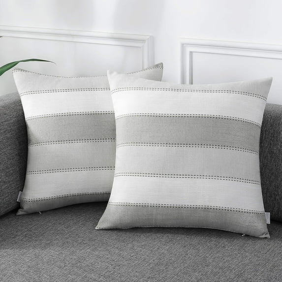 Pack of 2 Farmhouse Stripe Check Throw Pillow Covers Set Case Cotton Linen Decorative Pillowcases Cushion Cover for Couch Bench Sofa 18x18Inch Light Grey Beige