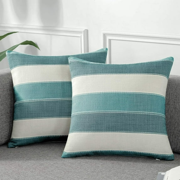 Pack of 2 Farmhouse Stripe Check Throw Pillow Covers Set Case Cotton Linen Decorative Pillowcases Cushion Cover for Couch Bench Sofa 18x18Inch Teal Blue