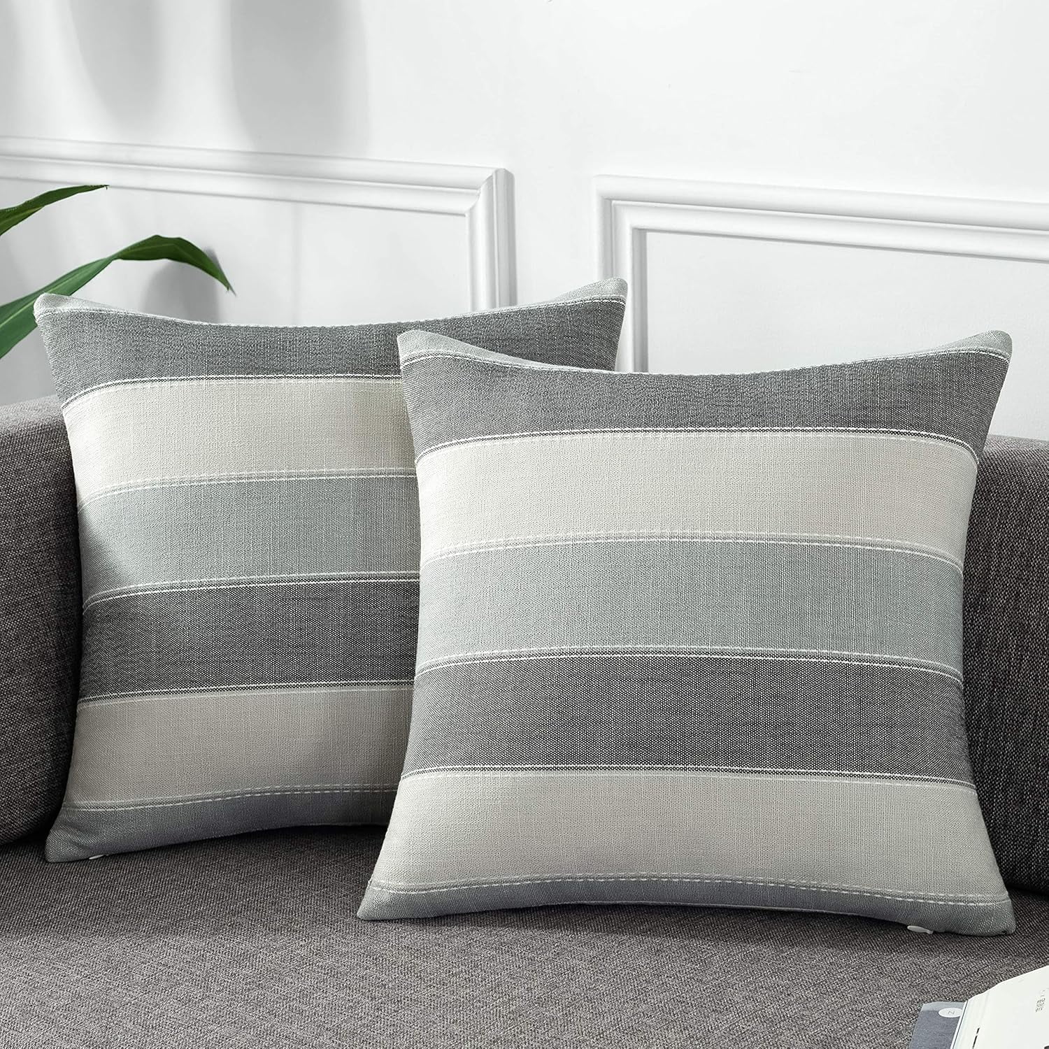 Farmhouse Dark Gray and Beige Striped Cotton Linen Pillow Covers Set