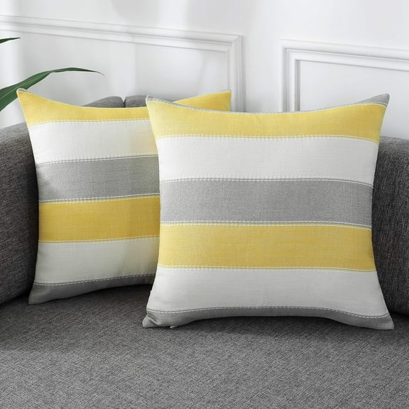 Pack of 2 Farmhouse Stripe Check Throw Pillow Covers Set Case Cotton Linen Decorative Pillowcases Cushion Cover for Couch Bench Sofa 20x20Inch Yellow Beige